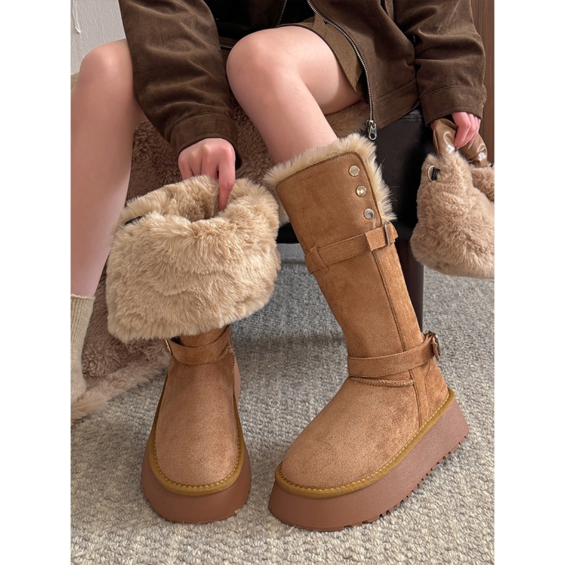 韩系版雪地靴女款2025新款秋冬季加绒保暖棉鞋厚底两穿增高长筒靴