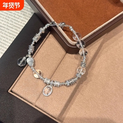 S925银白水晶手链女可调节