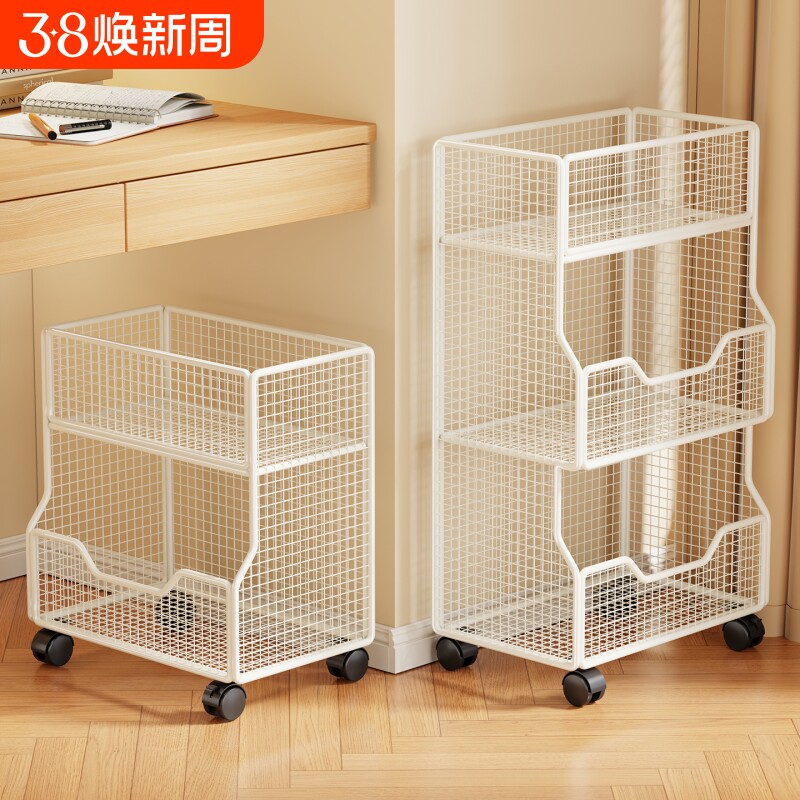 书本收纳置物架桌下书包收纳筐高中生放书的可移动小推车桌面整理神器文件架多层书架放置带轮铁艺滑轮桌上