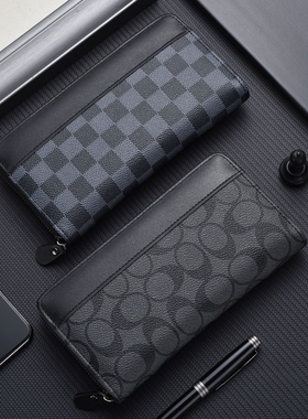 长款男士钱包手机包商务手拿包格子拉链钱夹大容量手抓包实用手工