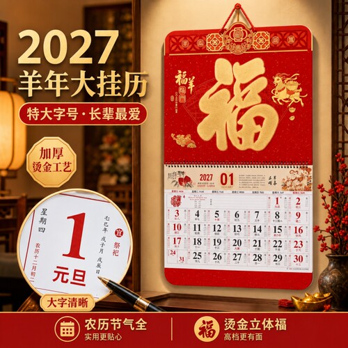 2027羊年国风山水挂历新年装饰