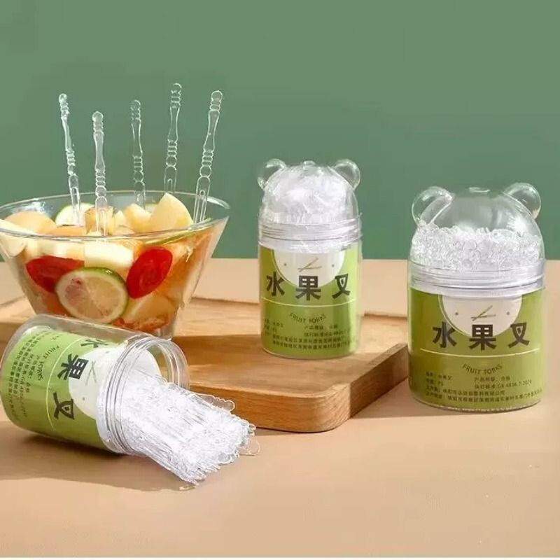 一次性水果叉竹节纹加厚多功能家用透明蛋糕叉塑料点心叉子安全