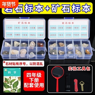 四年级科学下册矿石岩石标本与矿物盒装科学课石头土壤实验套装花岗岩地质教学教具云母采集五色土观察化石