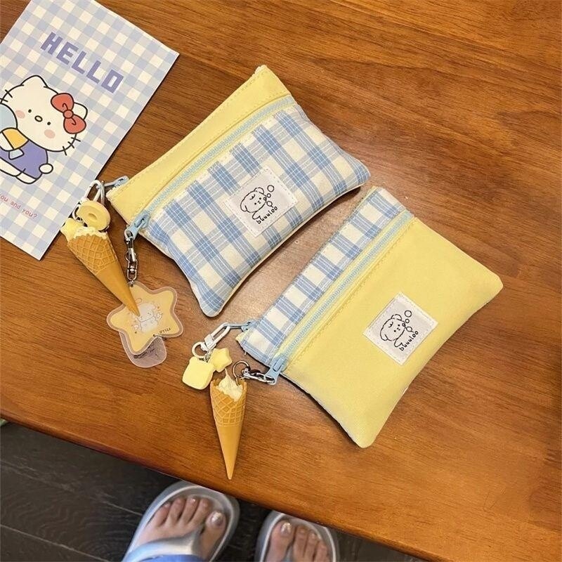 韩系奶黄格子零钱包帆布迷你卡包少女钥匙挂袋口红证件收纳钱包