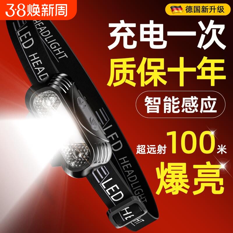 夜钓头戴式头灯2026新款强光超亮超长续航100小时钓鱼专用手电筒