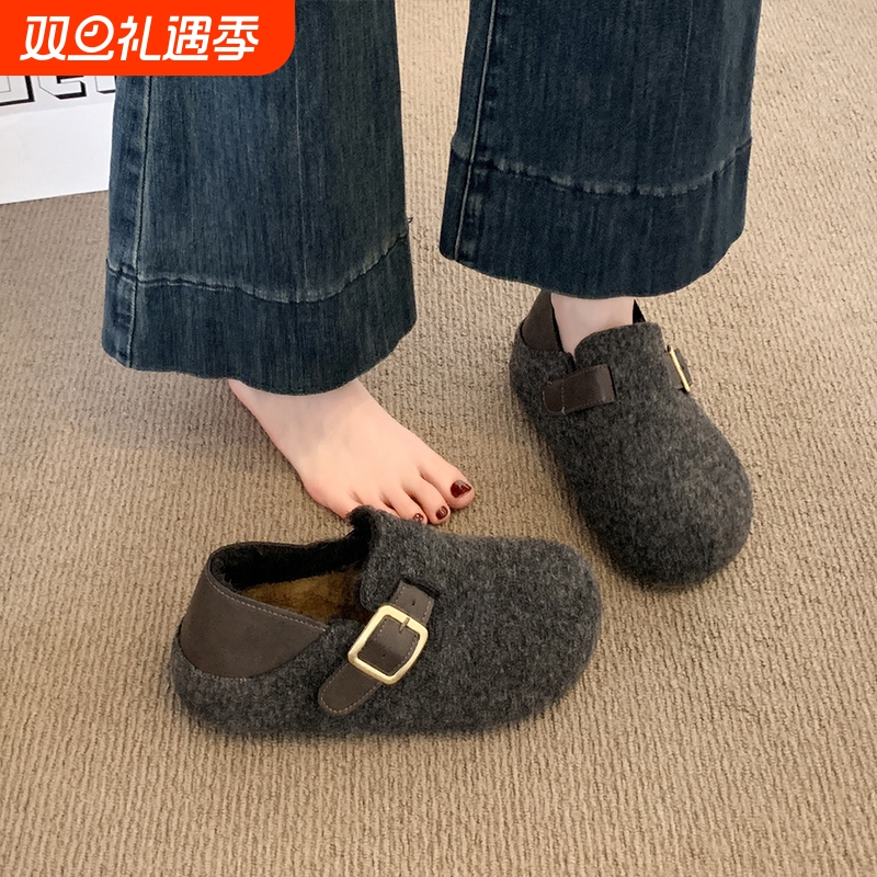 软底灰色勃肯鞋女2025秋冬新款厚底棉鞋两穿加绒包头半拖鞋毛绒