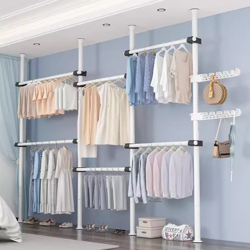 落地晾衣杆家用组装衣帽间顶天立地挂衣免打孔置物架简易