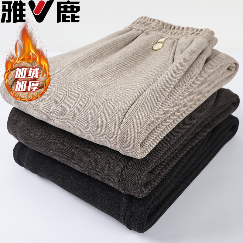 雅鹿妈妈加绒裤子女冬季加厚宽松保暖休闲裤中老年人奶奶毛呢棉裤