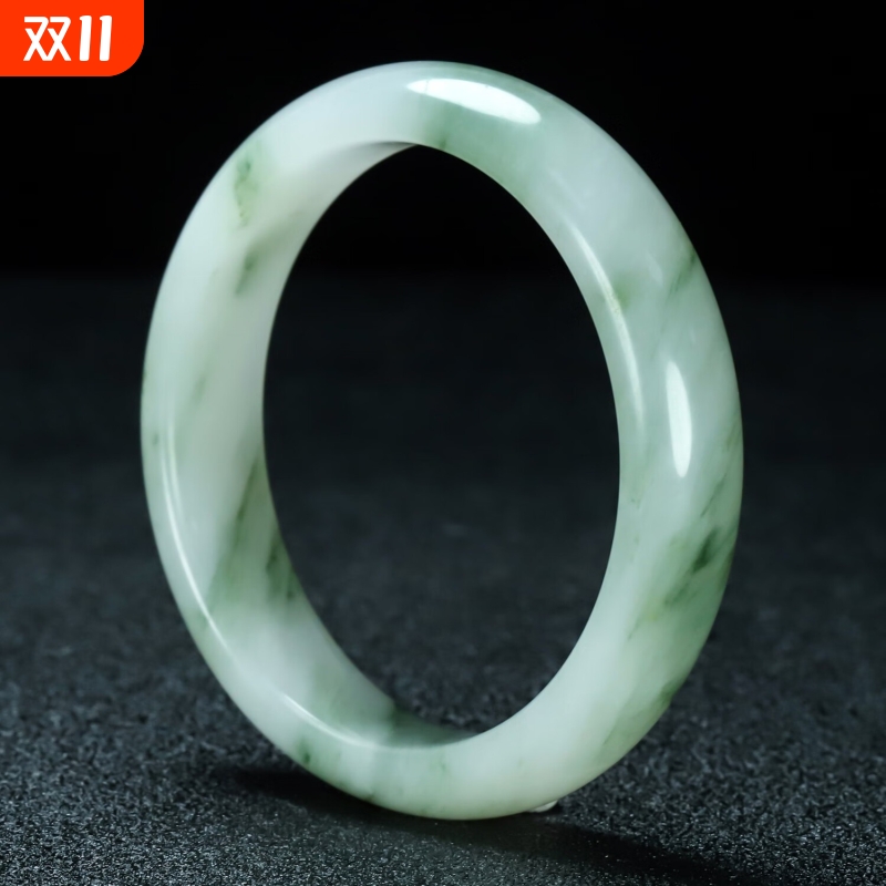 【无酸洗无染色】天然雪翠新疆天山翠手镯玉镯女款圆条扁镯非翡翠