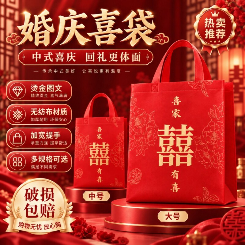 结婚手提袋红色喜字喜糖盒大号婚礼伴手礼袋子订婚回礼品袋包装袋