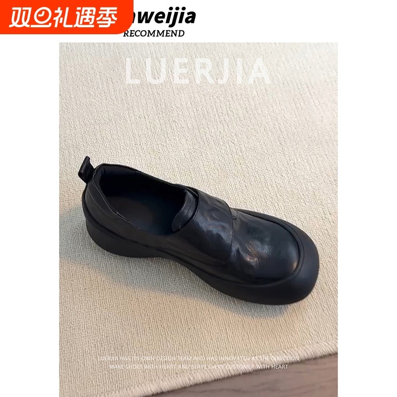 羊皮版！厚底乐福鞋女新款一脚蹬软底通勤单鞋黑色英伦小皮鞋中跟