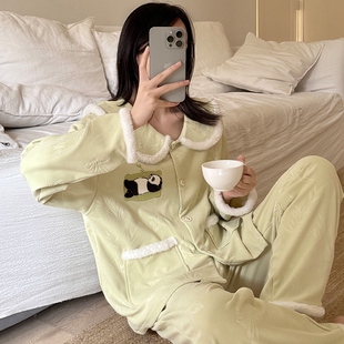 可外穿冬天家居服 德绒加厚保暖长袖 卡通熊猫睡衣女秋冬季 2025新款