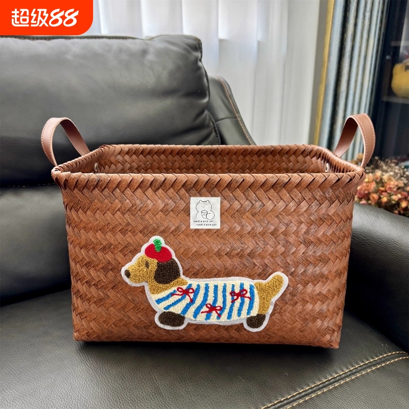 复古手工编织收纳筐腊肠小狗家用防水卧室衣柜衣服整理卡通收纳篮