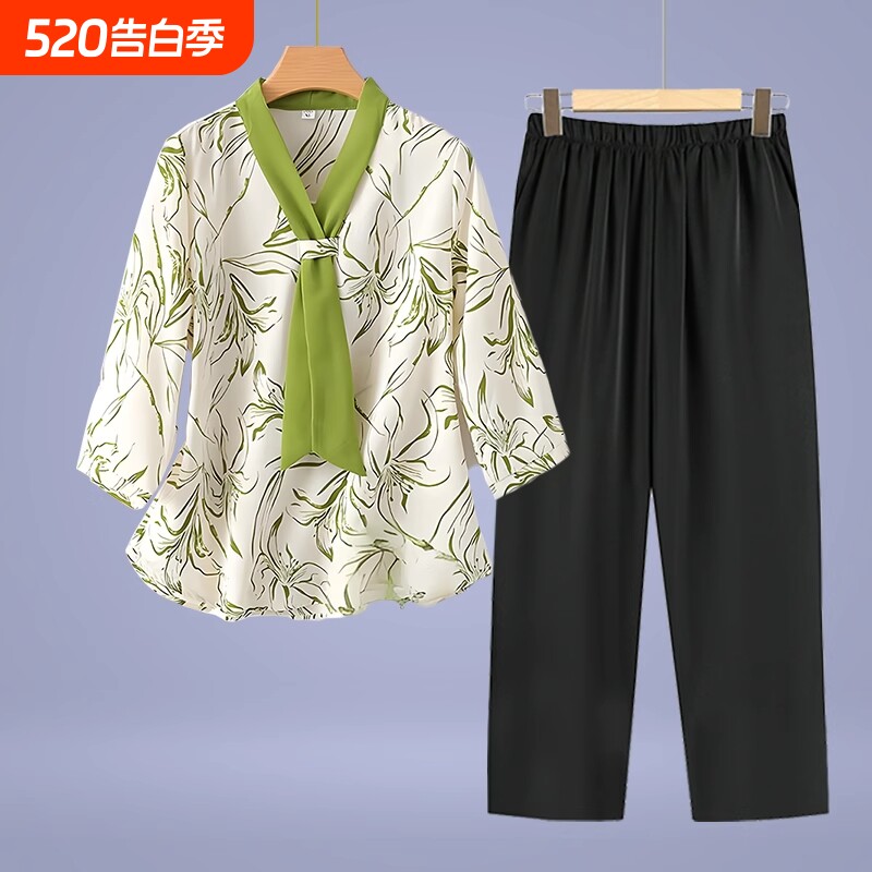 妈妈夏装七分袖洋气套装新款中老年女夏季时尚减龄雪纺T恤两件套