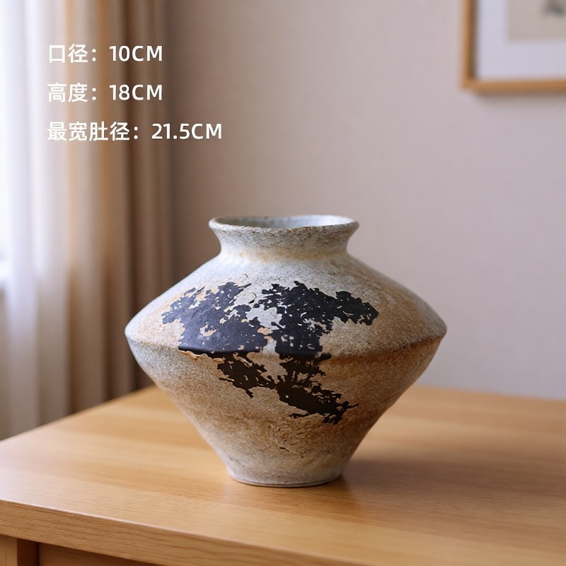 景德镇陶瓷花瓶复古日式客厅装饰摆件粗陶花插干花高级感双耳飞碟