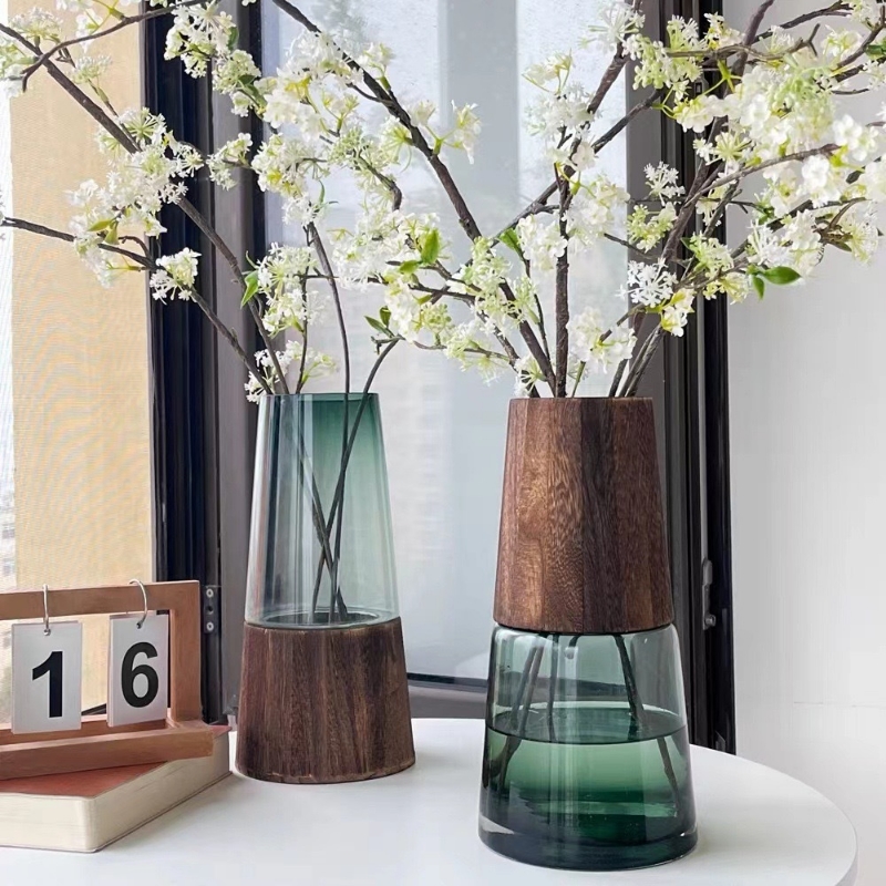 大号简约木托玻璃花瓶方缸原色花瓶摆件客厅餐桌银柳插花装饰家用