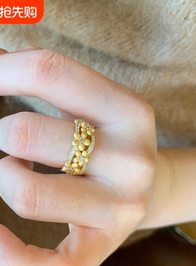 新中式拉丝桂花点钻戒指高级感中古小桂花指环花朵指环开口可调节