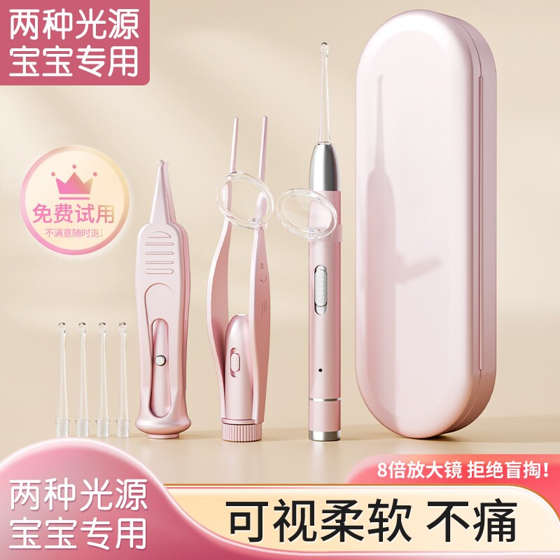 发光挖耳勺套装掏耳朵神器带灯可视工具少儿专用宝宝镊子硅胶高清