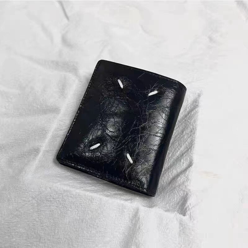 马吉拉风油蜡牛皮对折钱包 个性四角缝线按扣多卡位男女同款
