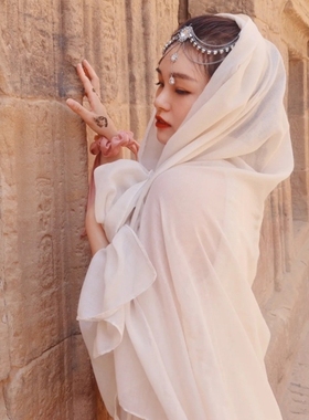 防晒丝纱巾迪拜沙漠旅游头巾棉麻民族风披肩围巾女流苏黑色旅行