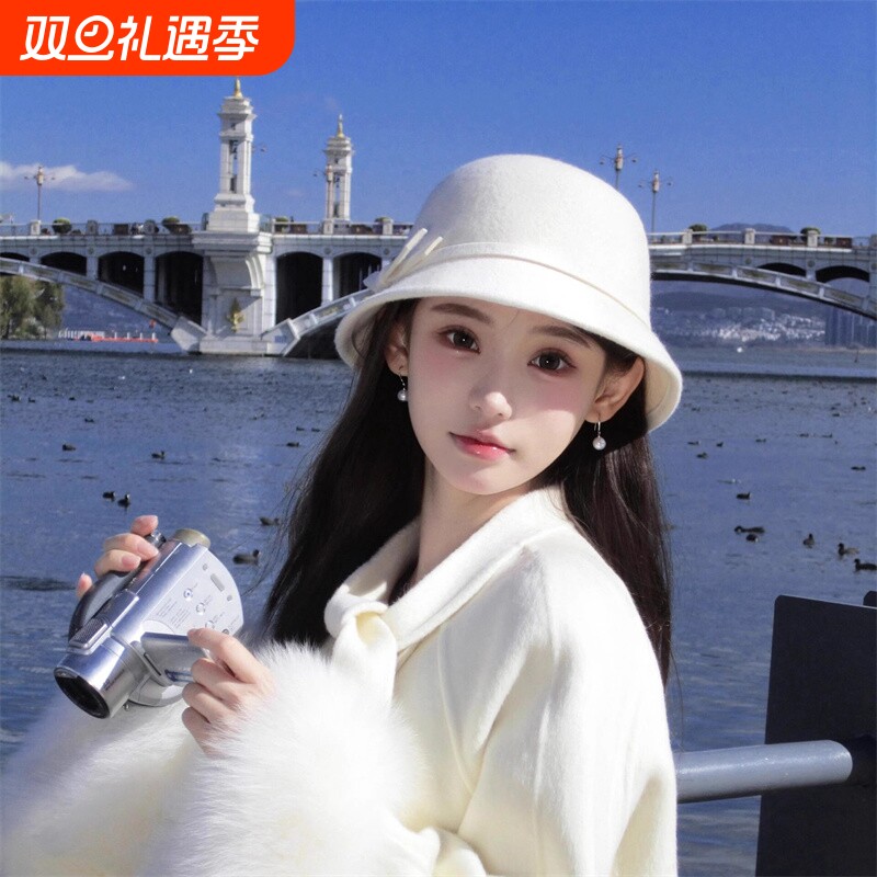 赫本风千金帽子女秋冬季羊毛呢渔夫帽法式优雅小香风礼帽气质盆帽