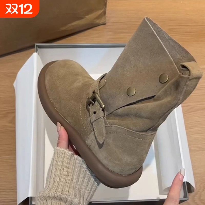 软皮版！美拉德西部牛仔靴女复古磨砂皮圆头皮带扣厚底勃肯小短靴