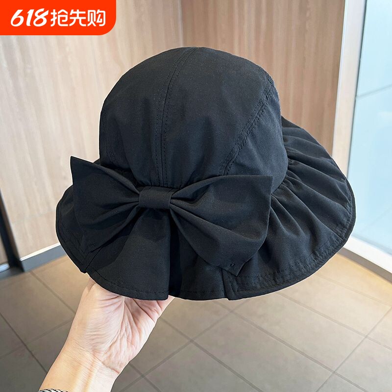 夏季渔夫帽女蝴蝶结时尚休闲遮脸遮阳太阳帽子防紫外线可折叠粉色