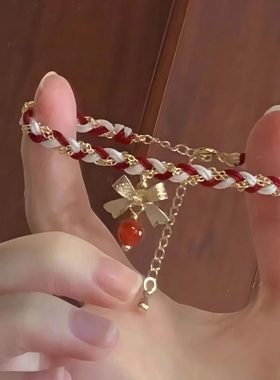 圣诞手链女ins小众设计闺蜜二人甜美简约蝴蝶结吊坠手工编织手绳