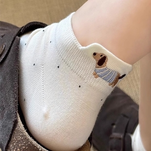 刺绣浅口可爱短袜 小狗白色袜子女2025新款 爆款 ins潮夏季 薄款