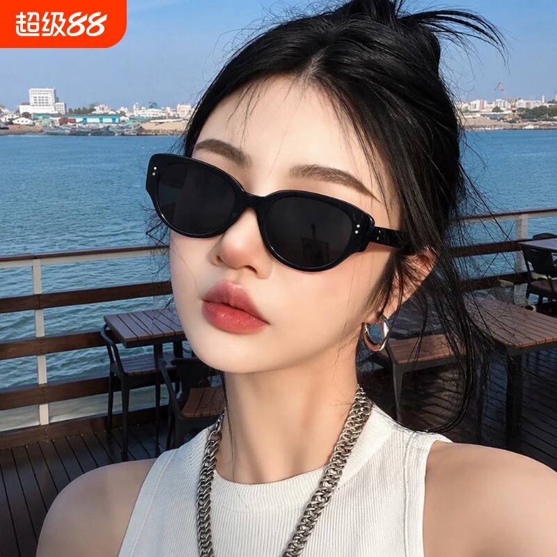 复古猫眼户外墨镜女防晒高级感新款椭圆近视偏光黑色太阳眼镜圆脸