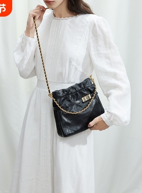 EMINI HOUSE/伊米妮小香风头层油蜡皮菱格绣花时尚大容量链条包包