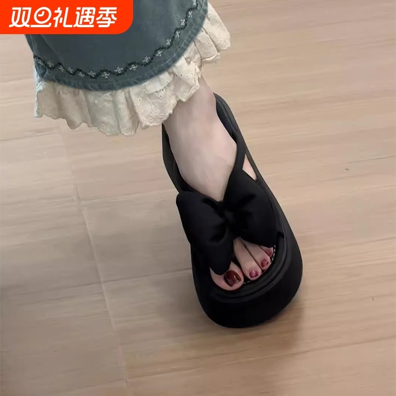 法式黑色厚底增高凉鞋女2025夏季新款蝴蝶结一字拖鞋防滑支撑橡胶