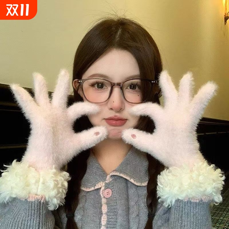 甜美可爱毛绒自行车手套女冬季韩版针织触屏加绒保暖防寒骑行手套