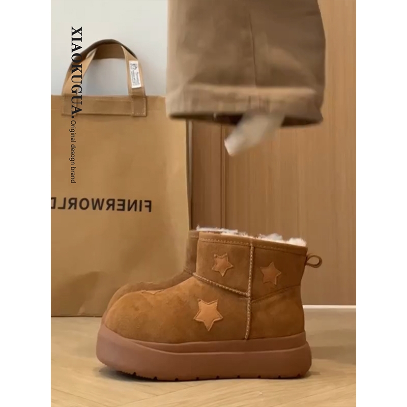 星星雪地靴女款2025新款冬季加绒大头面包鞋保暖短靴厚底雪地棉鞋