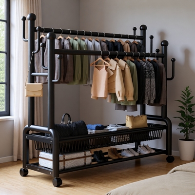 晾衣架衣帽架落地室内加厚挂衣架房间挂衣服架子置物收纳双杆黑色