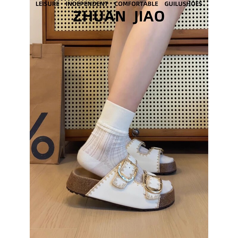厚底软木勃肯凉拖女2026新款夏季外穿防滑真皮配裙子一字拖沙滩鞋图片