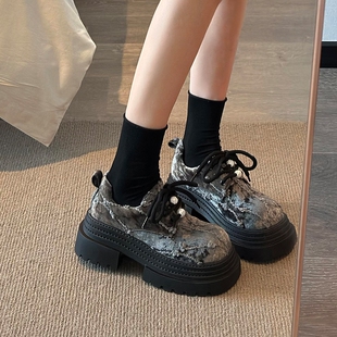 女2025秋季 增高乐福单鞋 新款 子时尚 小个子厚底女鞋 大头系带小皮鞋
