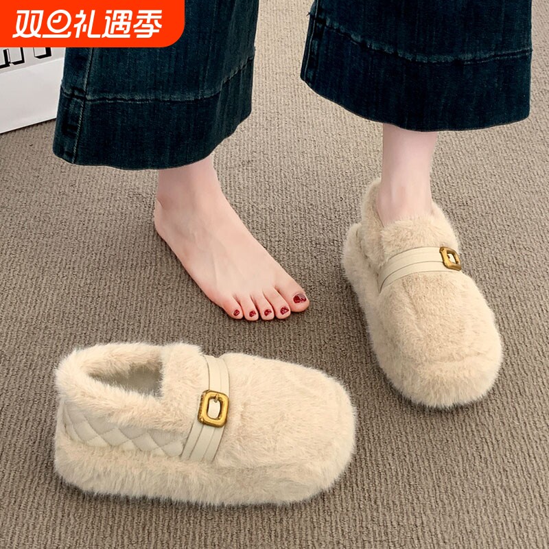 加绒勃肯鞋厚底雪地靴女2025新款冬季保暖一脚蹬毛毛棉鞋平底豆豆