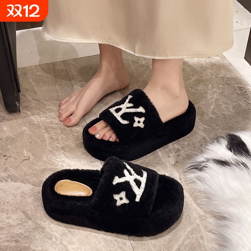 小香风毛毛拖鞋女秋冬外穿加绒厚底2025新款高级感棉拖鞋毛绒黑色
