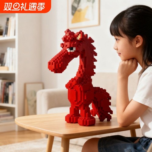 潮乐森同款2026马年吉祥物天选高冷黑马3D模型积木益智玩具摆件