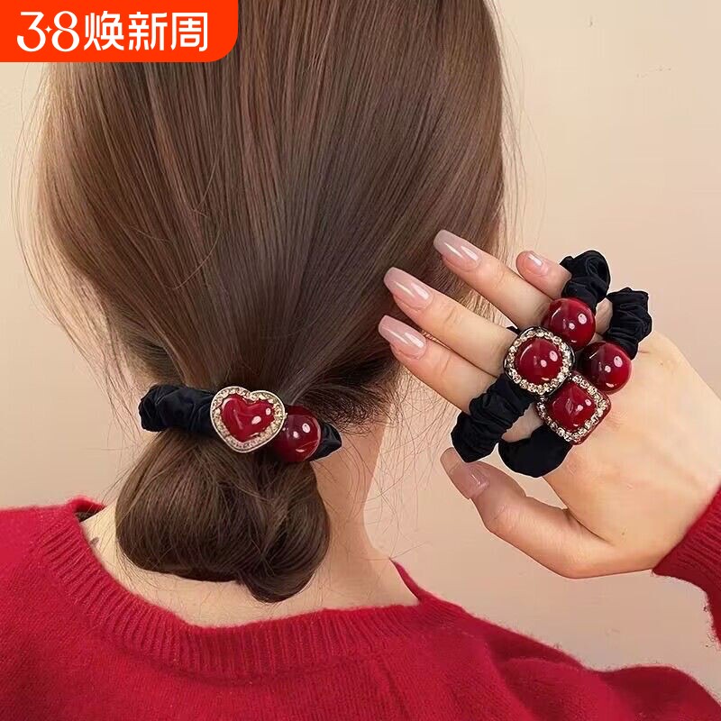 韩版高档红色爱心小肠发圈女网红扎丸子头马尾发绳2025年新款头饰