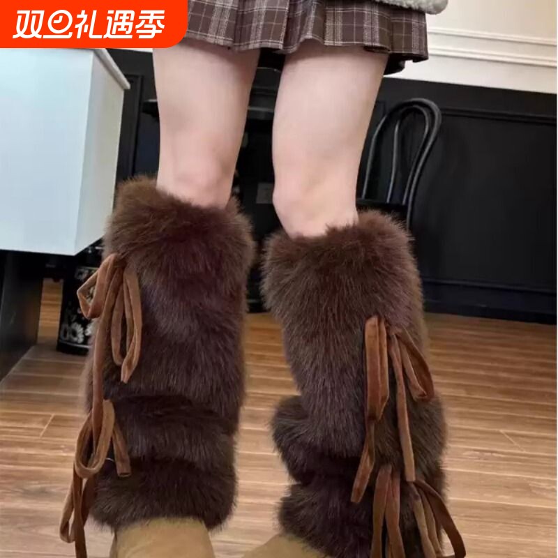 秋冬毛毛腿套y2k蝴蝶结绑带中筒辣妹仿皮草保暖显瘦毛绒袜套雪套