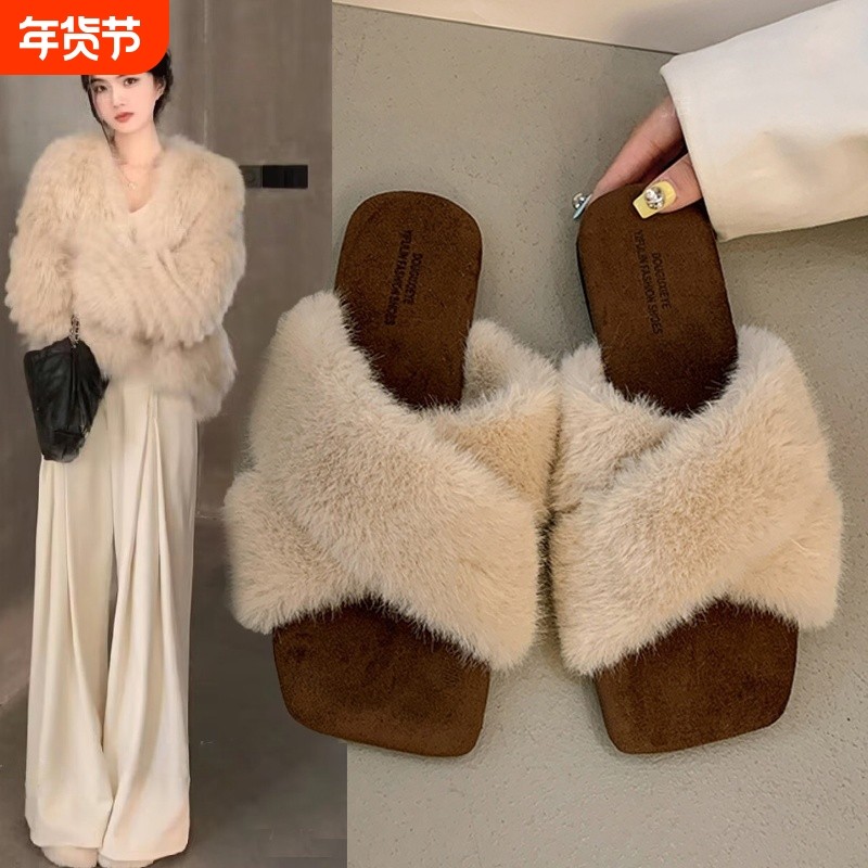 法式平底毛毛拖鞋女外穿2025新款秋冬高级感毛绒一字拖黑色羊毛,女鞋,毛毛鞋,淘宝优惠券,粉丝福利购,淘宝优惠卷