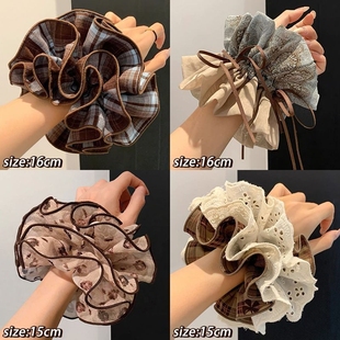 韩系蕾丝大肠发圈女慵懒风丸子头超大号发绳头饰潮蝴蝶结四层格纹