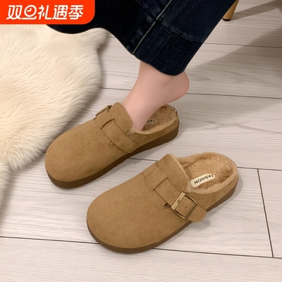 厚底毛毛勃肯鞋女秋冬包头半拖外穿2025新款一脚蹬孕妇加绒棉拖鞋
