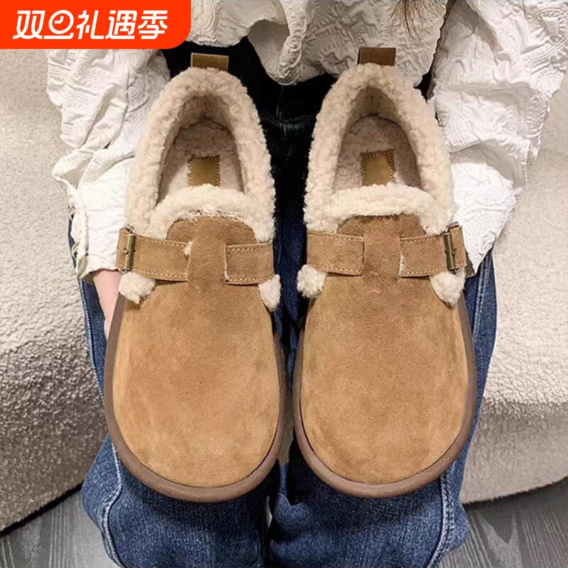 勃肯鞋女加绒女鞋2024年冬季新款豆豆鞋平底毛毛鞋孕妇鞋棉鞋圆头