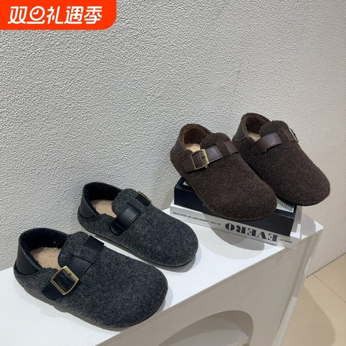 两穿勃肯鞋女秋冬2025新款厚底全包灰色一脚蹬加绒保暖棉鞋毛毛鞋