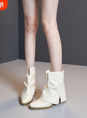 白色粗跟短靴女2025新款高跟瘦瘦靴尖头堆堆靴裤管夏款巨好看靴子