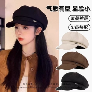 新款贝雷帽女秋冬显脸小鸭舌八角帽大头围法式复古黑色报童帽子潮