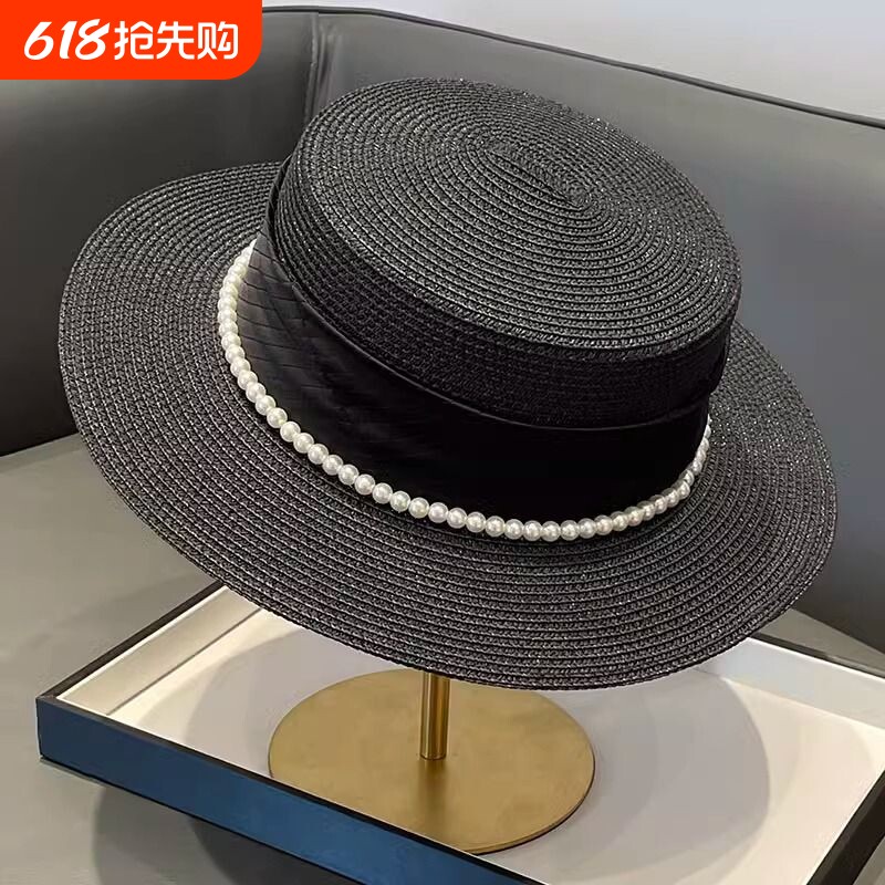 法式名媛平顶礼帽女夏季珍珠爵士帽海边度假防晒遮阳帽沙滩黑色